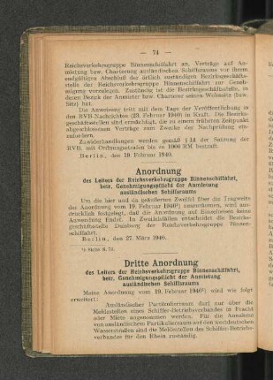 Dritte Anordnung des Leiters der Reichsverkehrsgruppe Binnenschiffahrt, betr. Genehmigungspflicht der Anmietung ausländischen Schiffsraums