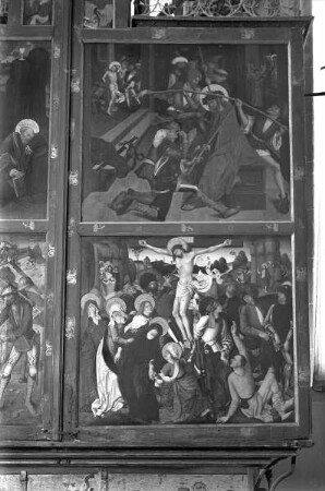 Altar im geschlossenen Zustand — Vier Szenen aus der Passion Christi — Rechter Altarflügel: Dornenkrönung und Kreuzigung
