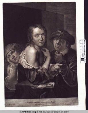 Ein weinender Bettler mit entblößter Schulter, flankiert von einem blinden Mann und einer Frau