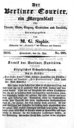 No. 990, Sonnabend, den 22. Mai 1830