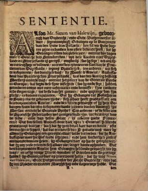 Sententie Van den Hove van Hollandt, Zeelandt ende Vrieslandt, Jegens Mr. Simon van Halewyn : Gepronunchieert den 31. Julii, 1693