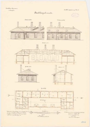 Kavallerie Kasernement, Danzig-Langfuhr Beschlagschmiede: Grundriss, Querschnitt und Längsschnitt, Hinteransicht und Vorderansicht 1:100
