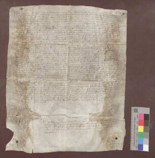 Der Notar Simon Volkmar von Speyer vidimiert die Bulle Papst Coelestins III. für das Kloster Frauenalb vom 4. April 1197 (GLA B Nr. 48).
