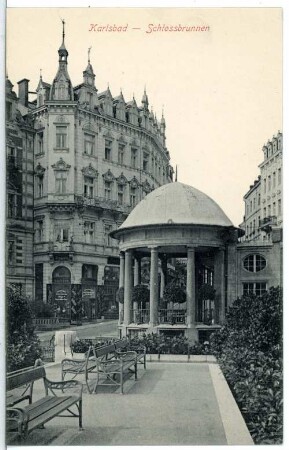 Karlsbad. Schlossbrunnen (1910-1912) : Karlsbad, Marktplatz am Schloßberg. Neue Schloßkolonnade (Schlossbrunn, Burgquell-Kolonnade, 1910-1912; Friedrich Ohmann)