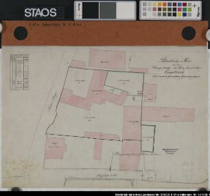 Landdrostei-Gebäude. Bl. 1 = "Situationsplan von den Dienstgebäuden...copiert nach der Grundsteuer-Gemarkungskarte." Bl. 2 - 6 = Grundrisse Ausf.-Art: Farbige Zeichnung Herst.: Reissner, Grahn Format: 35/48 x 52/66 cm Maßstab: 1: 120/300