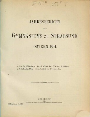 Jahresbericht des Gymnasiums zu Stralsund : Ostern .... 1893/94