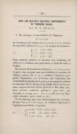 Note sur quelques équations indéterminées du troisième degré.