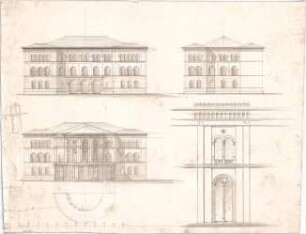 Voit, August von; Schule mit Turnsaal - Ansichten; Fensterachse (Detail); Eingang (Grundriss)