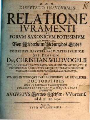 Disputatio Inauguralis De Relatione Iuramenti Ad Forum Saxonicum Potissimum Accommodata : = Von Wiederheimschiebung des Eydes