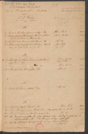 Alphabetisches Verzeichnis der in Ms. vorhandenen Cantaten von J. S. Bach