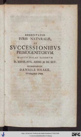 III. Exercitatio Iuris Naturalis, De Successionibus Primogenitorum.