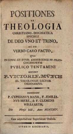 Positiones ex theologia ... de Deo uno et trino