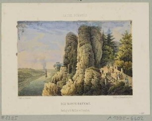 Aussicht von der Bastei bei Rathen in der Sächsischen Schweiz, Blick auf die Hölzerne Basteibrücke und das Elbtal nach Westen