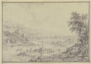 Flussgegend mit einem Städtchen im Tal, Burgen und Schlössern auf den Bergen, vorne am Ufer Schiffe und figürliche Staffage