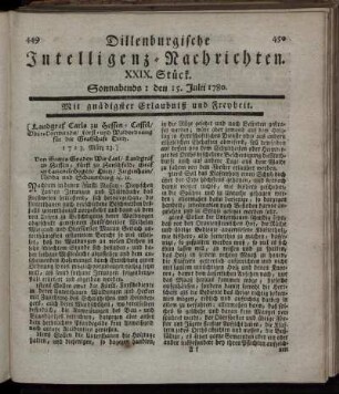 XXIX. Stück. Sonnabends : den 15. Julii 1780.