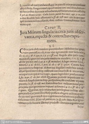 Caput II. Jura Militum singularia circa juris observantia, mpacta et contractus exprimens.