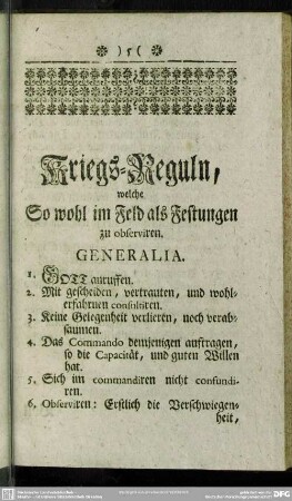 Kriegs-Reguln, welche So wohl im Feld als Festungen zu observiren