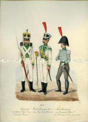 Uniformdarstellung, Sergeant vom Infanterie-Regiment Prinz Friedrich August, Bataillonstambour vom Regiment Prinz Clemens, Sous-Leutnant vom Grenadier-Bataillon von Liebenau (in Interims-Uniform), Sachsen, 1811.