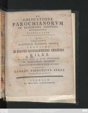 De Obligatione Parochianorvm Ad Reficienda Aedificia Ecclesiastica Exercitatio