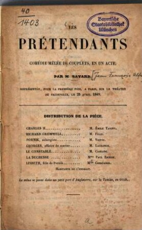 Les Prétendants : Comédie mêlée de couplets, en un acte, par Bayard. [Kopftitel]
