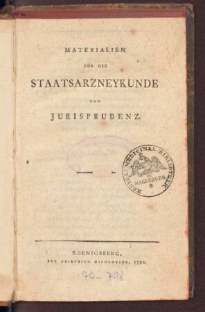 1.1792: Materialien für die Staatsarzneykunde und Jurisprudenz, 1.1792