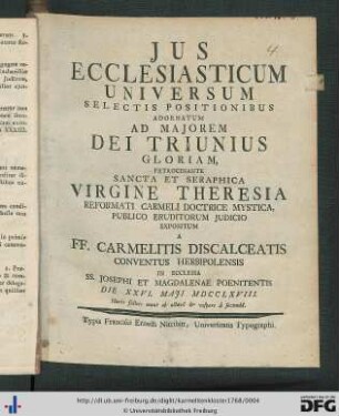 Jus Ecclesiasticum Universum Selectis Positionibus Adornatum