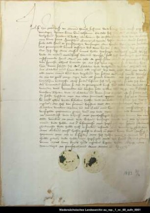 Hero Maurits von Dornum quittiert der Gräfin Theda von Ostfries-land über 150 Gulden = OUB II, Nr. 1113, S. 192 Aufgedrücktes Siegel 1 und 2 verloren