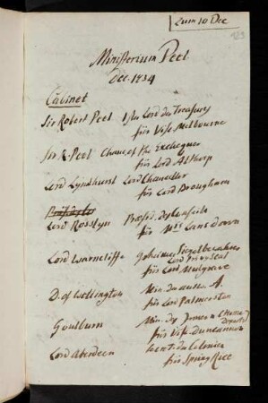 129r-131v, Zum 10. Dec. Ministerium Peel Dec. 1734