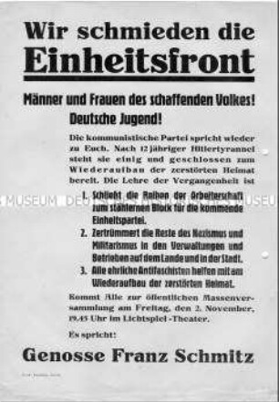 Aufruf der KPD zu einer öffentlichen Massenversammlung zur Schaffung der Einheitsfront