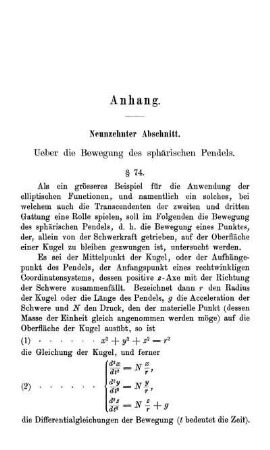 Anhang. Abschnitt XIX - XX. Bewegung des sphärischen Pendels. Ueber Functionen einer complexen Variablen und die Vieldeutigkeit bestimmter Integrale.