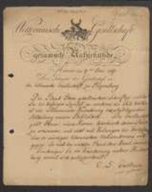 Brief von Karl Ludwig Gaertner an Regensburgische Botanische Gesellschaft