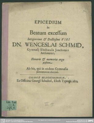 Epicedium in excessum Wenceslai Schmid