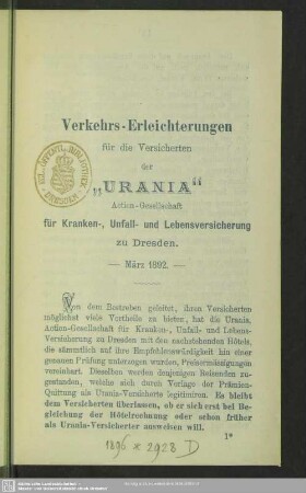 Verkehrs-Erleichterungen für die Versicherten der "Urania" : Actien-Gesellschaft für Kranken-, Unfall- und Lebensversicherung zu Dresden, März 1892