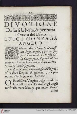 Divotione da farsi la Festa, & per tutta l'Ottava del Beato Luigi Gonzaga Angelo