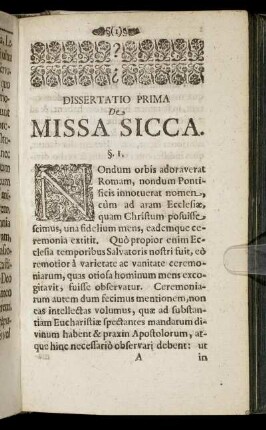 Dissertatio Prima De Missa Sicca.