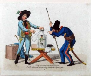 Napoleon-Karikatur: "Das Carthesianische Teufelchen. Ey, Ey, Camerad, du hast dich ja recht ins Enge gezogen."