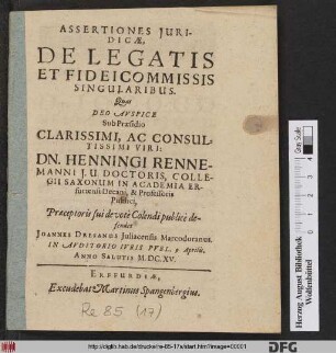 Assertiones Iuridicae, De Legatis Et Fideicommissis Singularibus