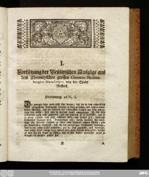 I. Fortsetzung der Beselinischen Auszüge aus dem Chemnitzischen grossen Chronico Mecklenburgico Manuscripto von der Stadt Rostock.