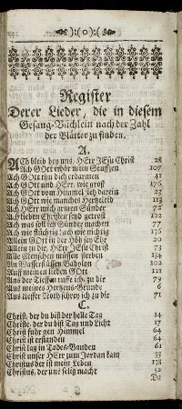 Register Derer Lieder, die in diesem Gesang- Büchlein nach der Zahl der Blätter zu finden.