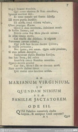 Ad Marianum Virginium. In Quendam Nimium Suae Familiae Jactatorem. Ode III.