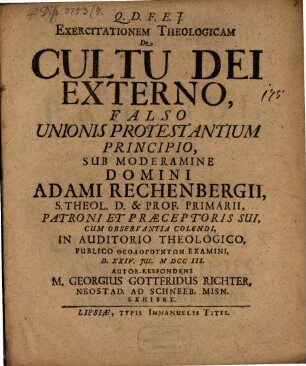 Exercitationem Theologicam De Cultu Dei Externo, Falso Unionis Protestantium Principio
