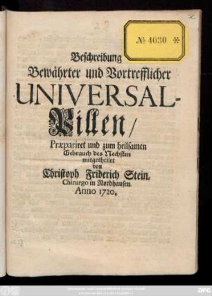 Beschreibung Bewährter und Vortrefflicher Universal-Pillen
