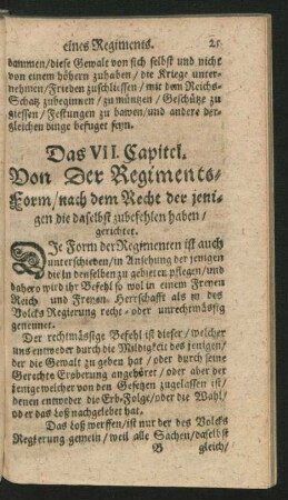 Das VII. Capitel. Von Der Regiments-Form, nach dem Recht der jenigen die daselbst zubefehlen haben, gerichtet