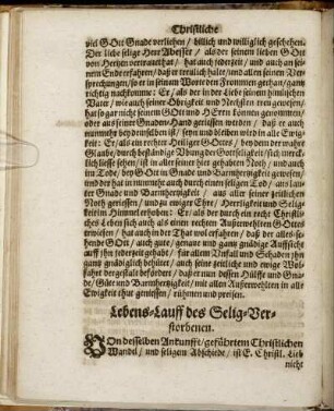 Lebens-Lauff des Selig-Verstorbenen.