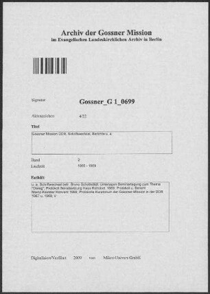 Gossner Mission DDR, Schriftwechsel, Berichte u. a.
