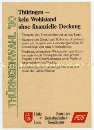 Wahlflugblatt der Linken Liste/PDS zur Landtagswahl in Thüringen 1990