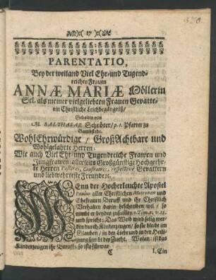 Parentatio, Bey der...Frauen Annae Mariae Möllerin...Gehalten von M. Balthasar Schröter/...