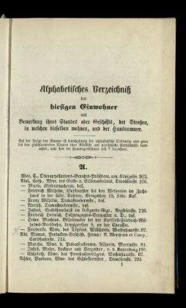 Alphabetisches Verzeichniß der hiesigen Einwohner