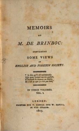 Memoirs of M. de Brinboc : containing some views of English and foreign society ; in three volumes. 1