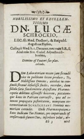 Nobilissimo Et Excellentissimo Dn. Lucæ Schröckio [...]